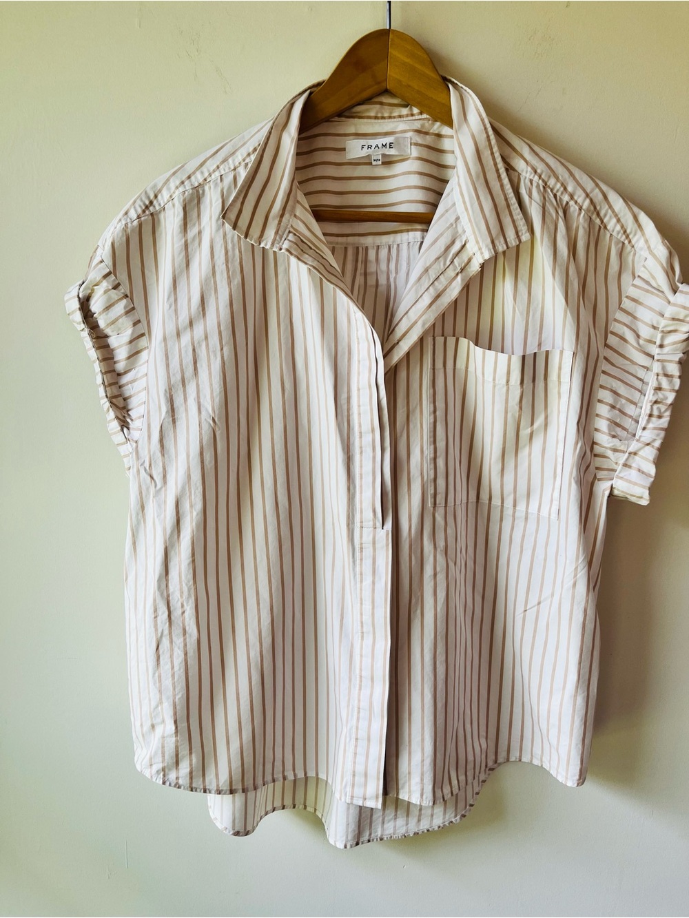 FRAME Sheila Striped Button-Front Short Sleeve Top - Cream & Tan - Medium - Picture 2 of 10